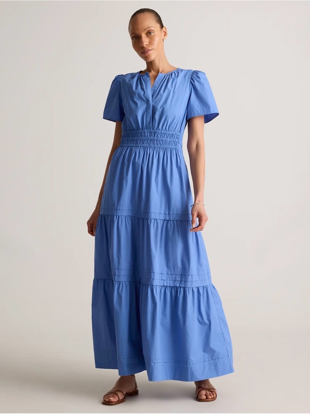 Quince 100% organic cotton blue Tiered Maxi Dress with Smocked Waist